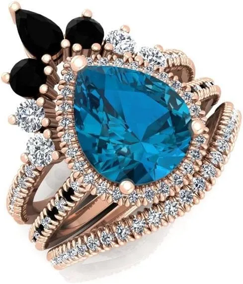 Art Deco 108mm Pear Cut London Blue Topaz Natural Gemstone Ring, 3pcs Crown Shaped Bridal Ring, 925 Sterling Silver Ring For Her
