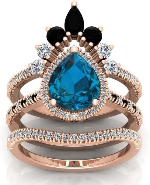 Art Deco 108mm Pear Cut London Blue Topaz Natural Gemstone Ring, 3pcs Crown Shaped Bridal Ring, 925 Sterling Silver Ring For Her