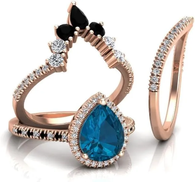 Art Deco 108mm Pear Cut London Blue Topaz Natural Gemstone Ring, 3pcs Crown Shaped Bridal Ring, 925 Sterling Silver Ring For Her