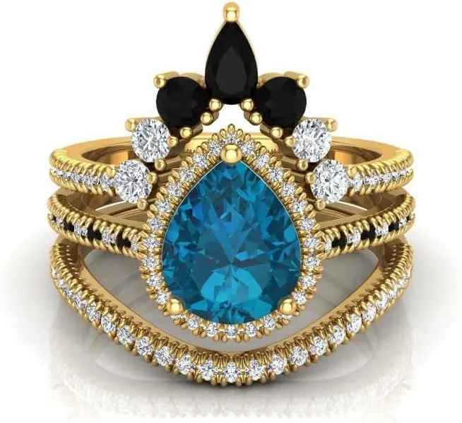 Art Deco 108mm Pear Cut London Blue Topaz Natural Gemstone Ring, 3pcs Crown Shaped Bridal Ring, 925 Sterling Silver Ring For Her