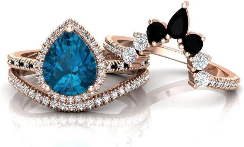 Art Deco 108mm Pear Cut London Blue Topaz Natural Gemstone Ring, 3pcs Crown Shaped Bridal Ring, 925 Sterling Silver Ring For Her