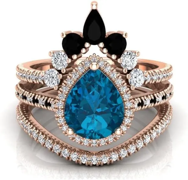 Art Deco 108mm Pear Cut London Blue Topaz Natural Gemstone Ring, 3pcs Crown Shaped Bridal Ring, 925 Sterling Silver Ring For Her