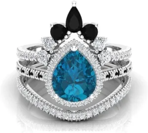 Art Deco 108mm Pear Cut London Blue Topaz Natural Gemstone Ring, 3pcs Crown Shaped Bridal Ring, 925 Sterling Silver Ring For Her