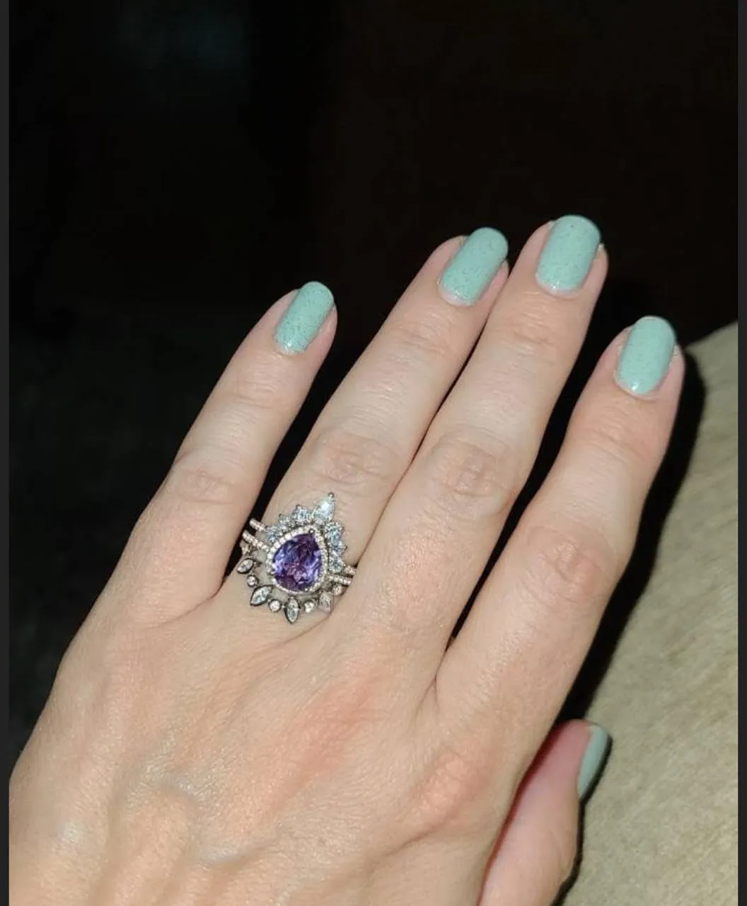 Art Deco Pear Cut Alexandrite Natural Gemstone Ring, Antique Crown Shape 3Pcs Bridal 925 Sterling Silver Ring For Her