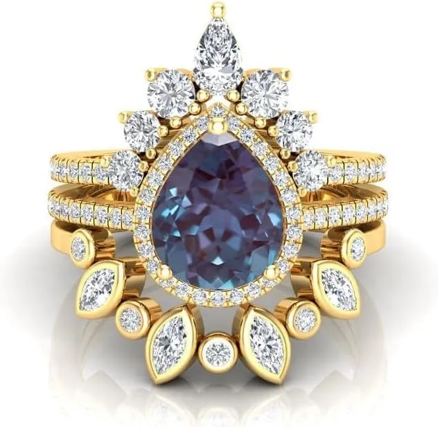 Art Deco Pear Cut Alexandrite Natural Gemstone Ring, Antique Crown Shape 3Pcs Bridal 925 Sterling Silver Ring For Her