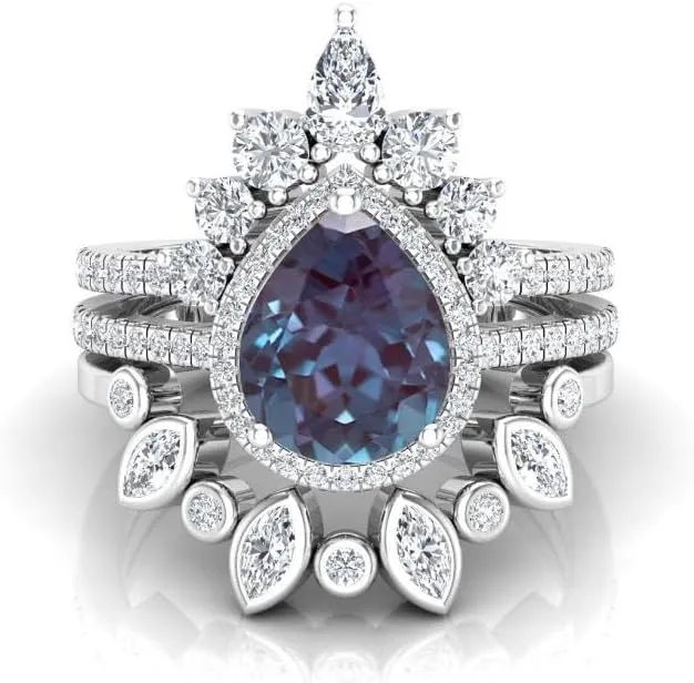 Art Deco Pear Cut Alexandrite Natural Gemstone Ring, Antique Crown Shape 3Pcs Bridal 925 Sterling Silver Ring For Her