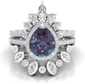 Art Deco Pear Cut Alexandrite Natural Gemstone Ring, Antique Crown Shape 3Pcs Bridal 925 Sterling Silver Ring For Her