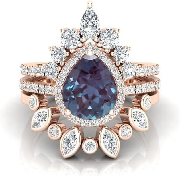Art Deco Pear Cut Alexandrite Natural Gemstone Ring, Antique Crown Shape 3Pcs Bridal 925 Sterling Silver Ring For Her