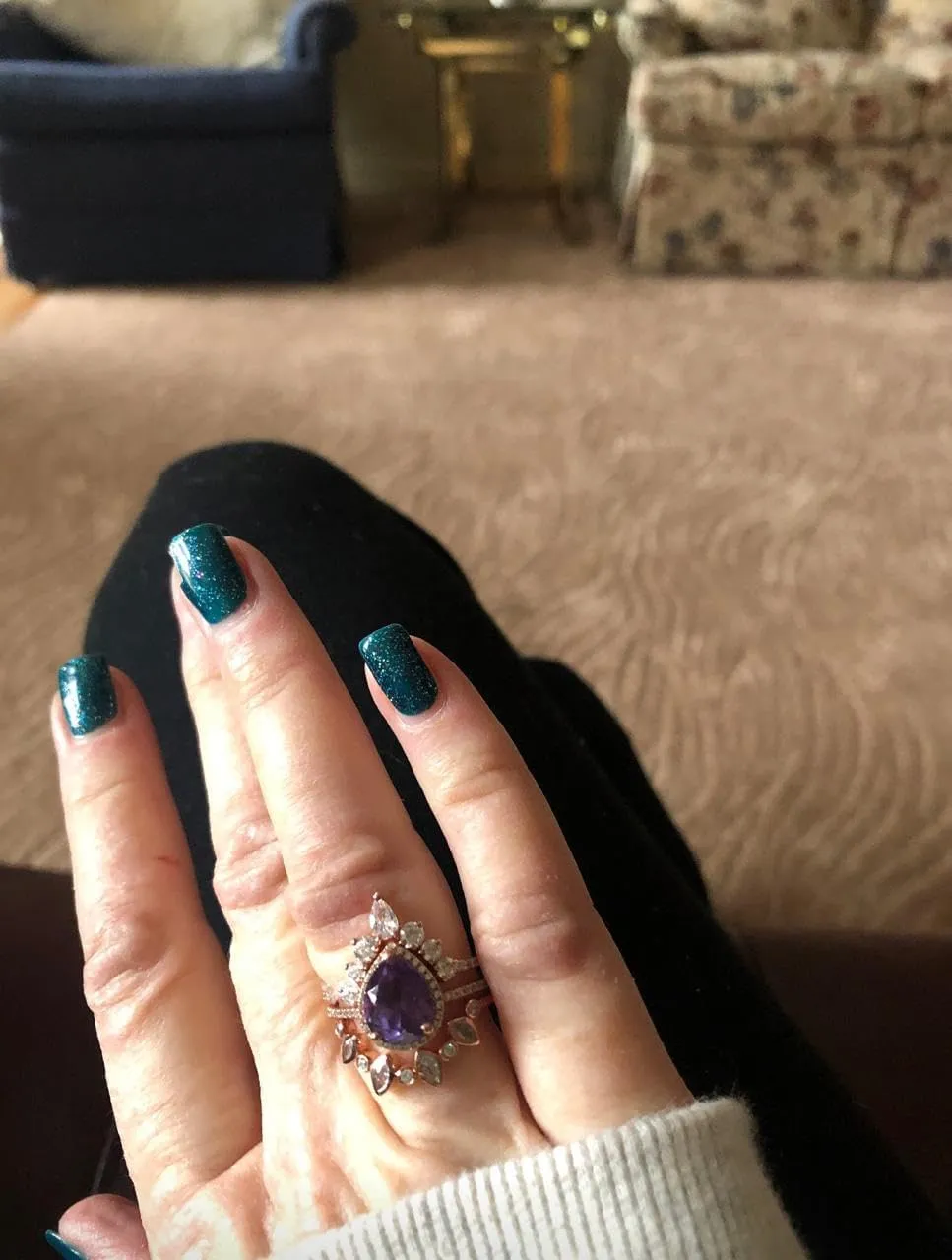 Art Deco Pear Cut Alexandrite Natural Gemstone Ring, Antique Crown Shape 3Pcs Bridal 925 Sterling Silver Ring For Her