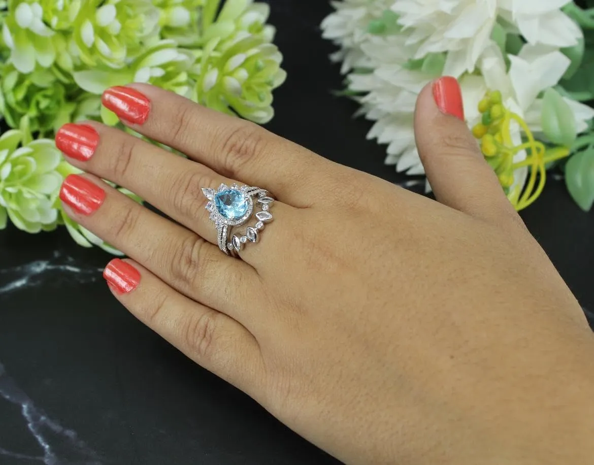 Art Deco Pear Cut Aquamarine Natural Gemstone Ring, Antique Crown Shape 3Pcs Bridal 925 Sterling Silver Ring For Her