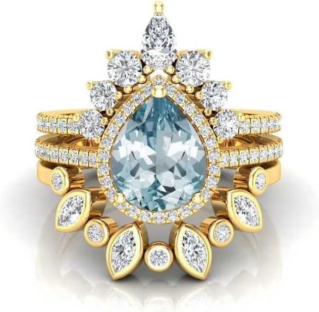Art Deco Pear Cut Aquamarine Natural Gemstone Ring, Antique Crown Shape 3Pcs Bridal 925 Sterling Silver Ring For Her