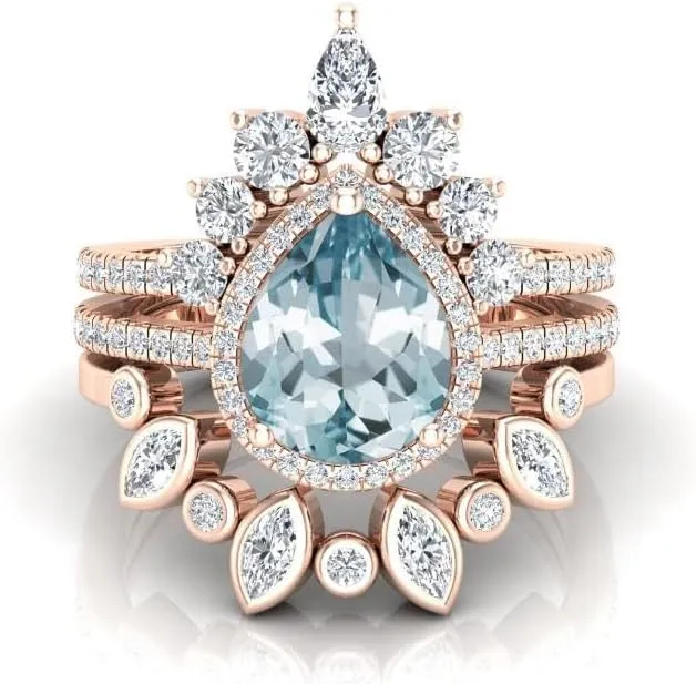 Art Deco Pear Cut Aquamarine Natural Gemstone Ring, Antique Crown Shape 3Pcs Bridal 925 Sterling Silver Ring For Her