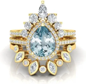 Art Deco Pear Cut Aquamarine Natural Gemstone Ring, Antique Crown Shape 3Pcs Bridal 925 Sterling Silver Ring For Her