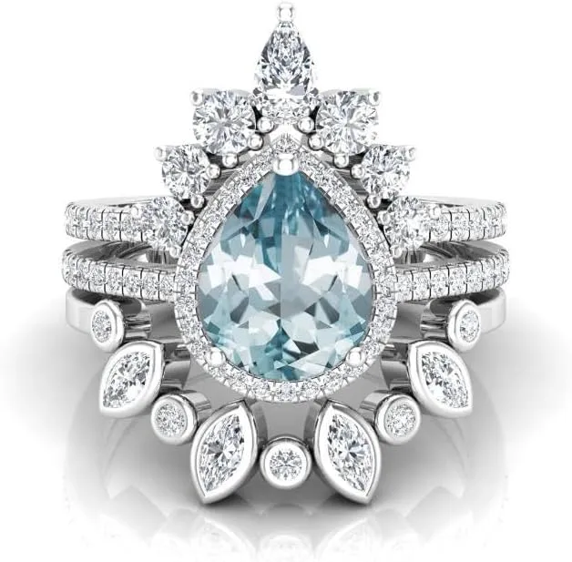 Art Deco Pear Cut Aquamarine Natural Gemstone Ring, Antique Crown Shape 3Pcs Bridal 925 Sterling Silver Ring For Her