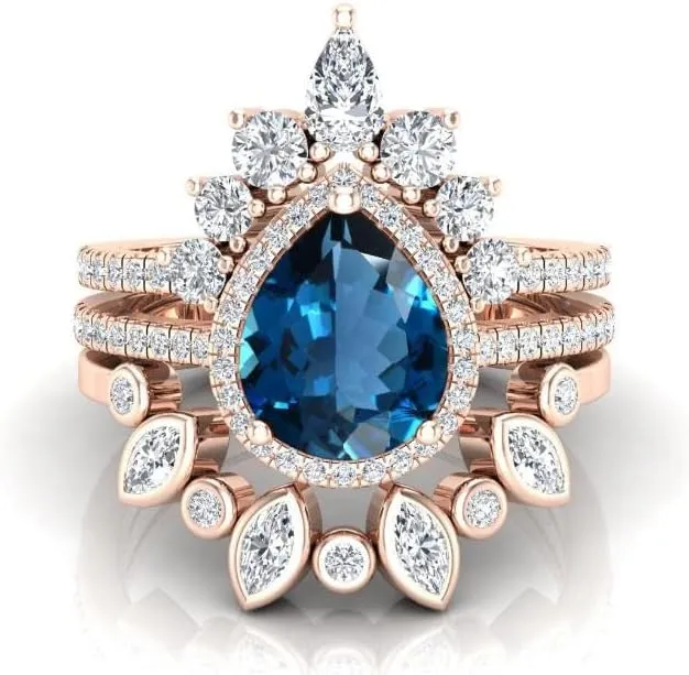 Art Deco Pear Cut London Blue Topaz Natural Gemstone Ring, Antique Crown Shape 3Pcs Bridal 925 Sterling Silver Ring For Her