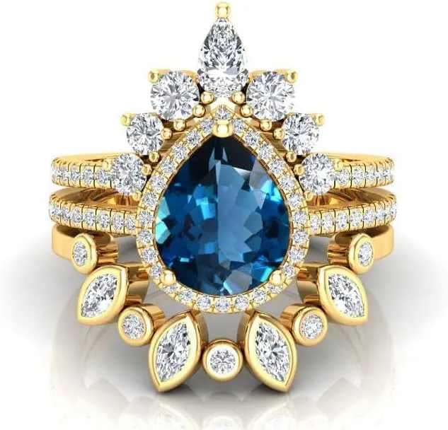Art Deco Pear Cut London Blue Topaz Natural Gemstone Ring, Antique Crown Shape 3Pcs Bridal 925 Sterling Silver Ring For Her