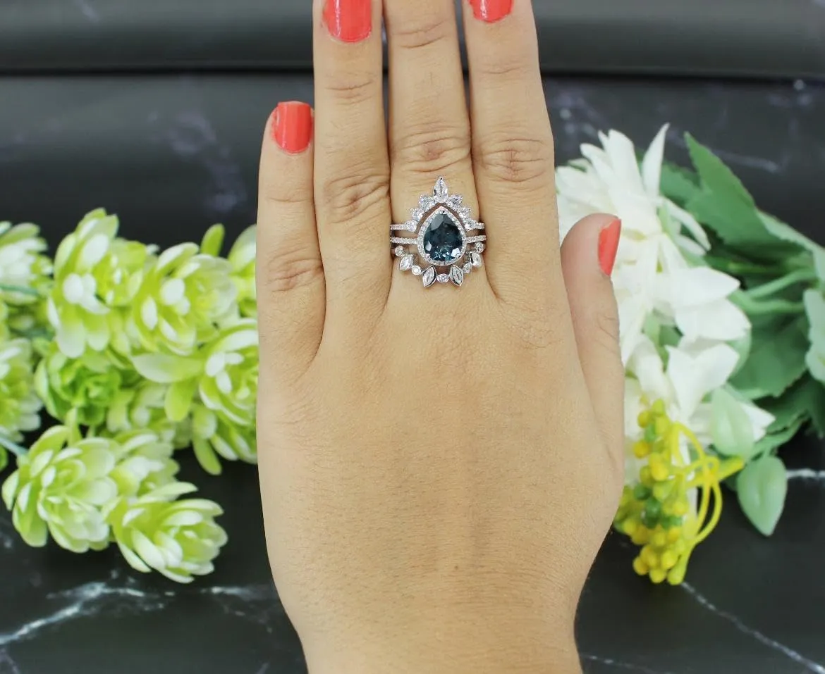 Art Deco Pear Cut London Blue Topaz Natural Gemstone Ring, Antique Crown Shape 3Pcs Bridal 925 Sterling Silver Ring For Her