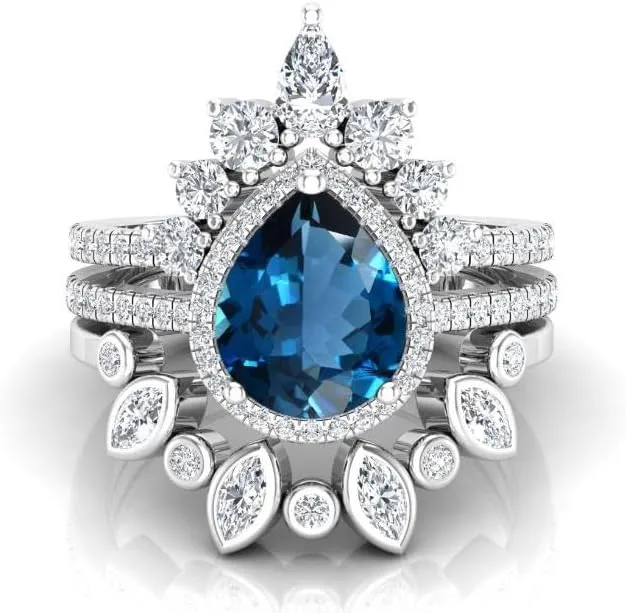 Art Deco Pear Cut London Blue Topaz Natural Gemstone Ring, Antique Crown Shape 3Pcs Bridal 925 Sterling Silver Ring For Her