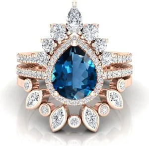 Art Deco Pear Cut London Blue Topaz Natural Gemstone Ring, Antique Crown Shape 3Pcs Bridal 925 Sterling Silver Ring For Her