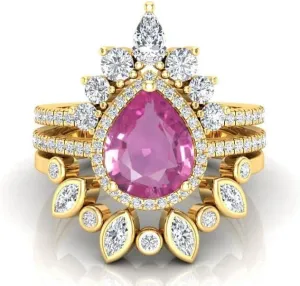 Art Deco Pear Cut Pink Sapphire Natural Gemstone Ring, Antique Crown Shape 3Pcs Bridal 925 Sterling Silver Ring For Her