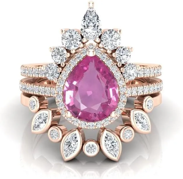 Art Deco Pear Cut Pink Sapphire Natural Gemstone Ring, Antique Crown Shape 3Pcs Bridal 925 Sterling Silver Ring For Her