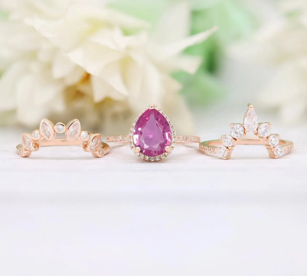 Art Deco Pear Cut Pink Sapphire Natural Gemstone Ring, Antique Crown Shape 3Pcs Bridal 925 Sterling Silver Ring For Her