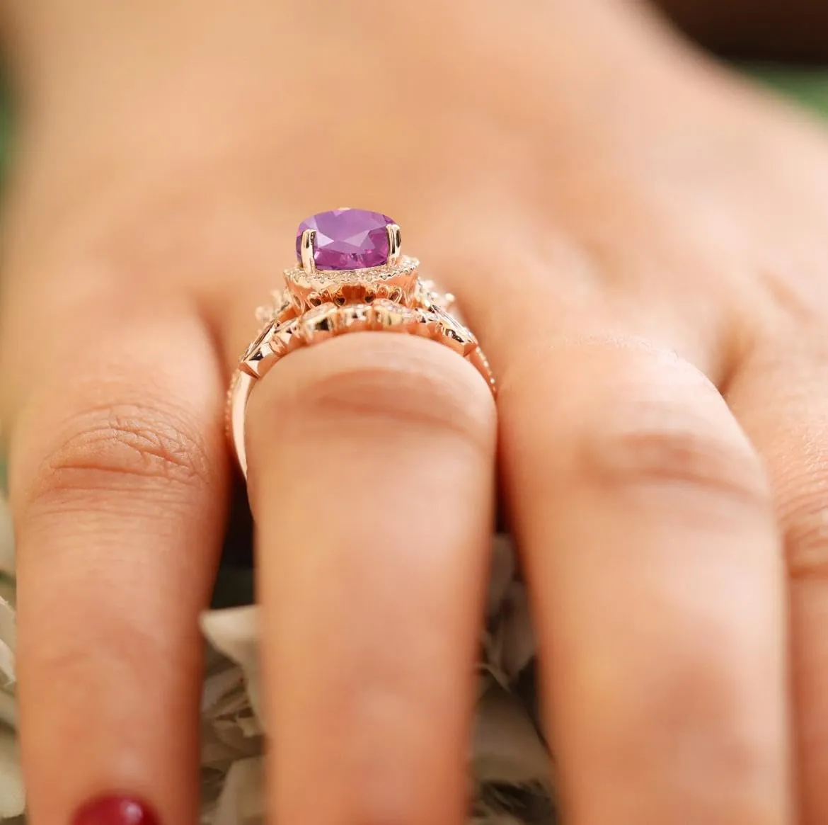 Art Deco Pear Cut Pink Sapphire Natural Gemstone Ring, Antique Crown Shape 3Pcs Bridal 925 Sterling Silver Ring For Her
