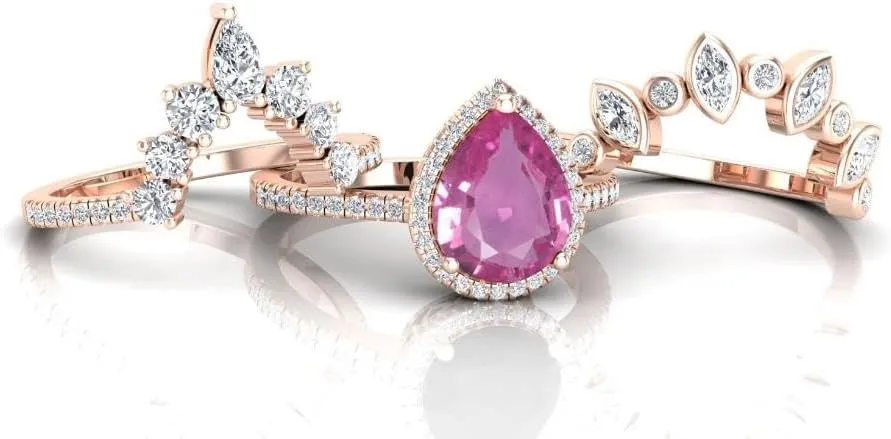 Art Deco Pear Cut Pink Sapphire Natural Gemstone Ring, Antique Crown Shape 3Pcs Bridal 925 Sterling Silver Ring For Her