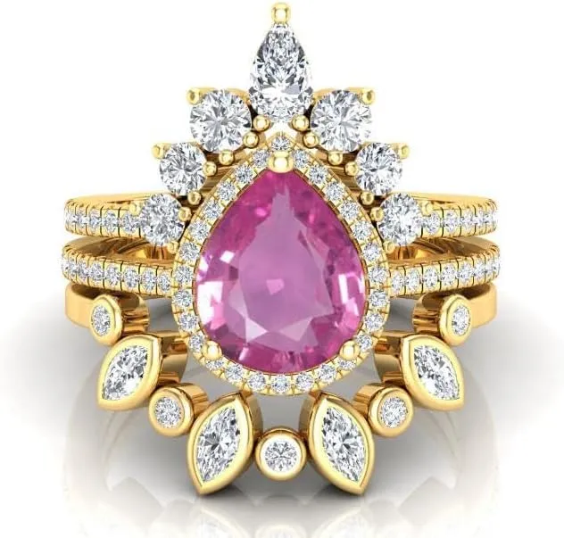 Art Deco Pear Cut Pink Sapphire Natural Gemstone Ring, Antique Crown Shape 3Pcs Bridal 925 Sterling Silver Ring For Her