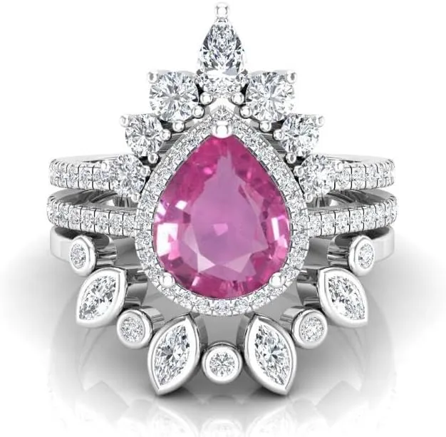 Art Deco Pear Cut Pink Sapphire Natural Gemstone Ring, Antique Crown Shape 3Pcs Bridal 925 Sterling Silver Ring For Her