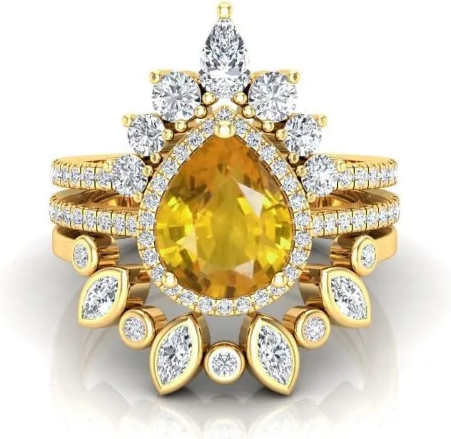 Art Deco Pear Cut Yellow Sapphire Natural Gemstone Ring, Antique Crown Shape 3Pcs Bridal 925 Sterling Silver Ring For Her