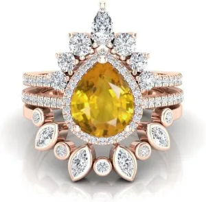 Art Deco Pear Cut Yellow Sapphire Natural Gemstone Ring, Antique Crown Shape 3Pcs Bridal 925 Sterling Silver Ring For Her