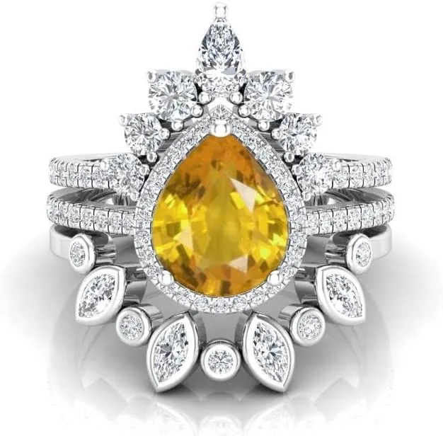 Art Deco Pear Cut Yellow Sapphire Natural Gemstone Ring, Antique Crown Shape 3Pcs Bridal 925 Sterling Silver Ring For Her