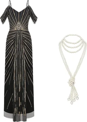 BABEYOND Long Pearl Necklace Faux Pearls Necklace Beaded Long Pearls Necklace 1920s Gatsby Costume Jewelry Formal Dresses for Women Cocktail Dress with Sleeves Evening Party Gowns