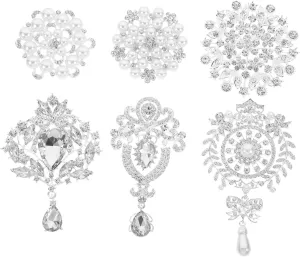 BESPORTBLE Fashionable Lapel Pin Set Rhinestones Pearls 6pc Alloy Brooches for Wedding Anniversary Birthday
