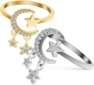 BESTYASH 2pcs Open Wrap Rings Star Moon Design Delicate Finger Rings for Women Lightweight and Scratch Resistant Fashion Accessory for Any Occasion