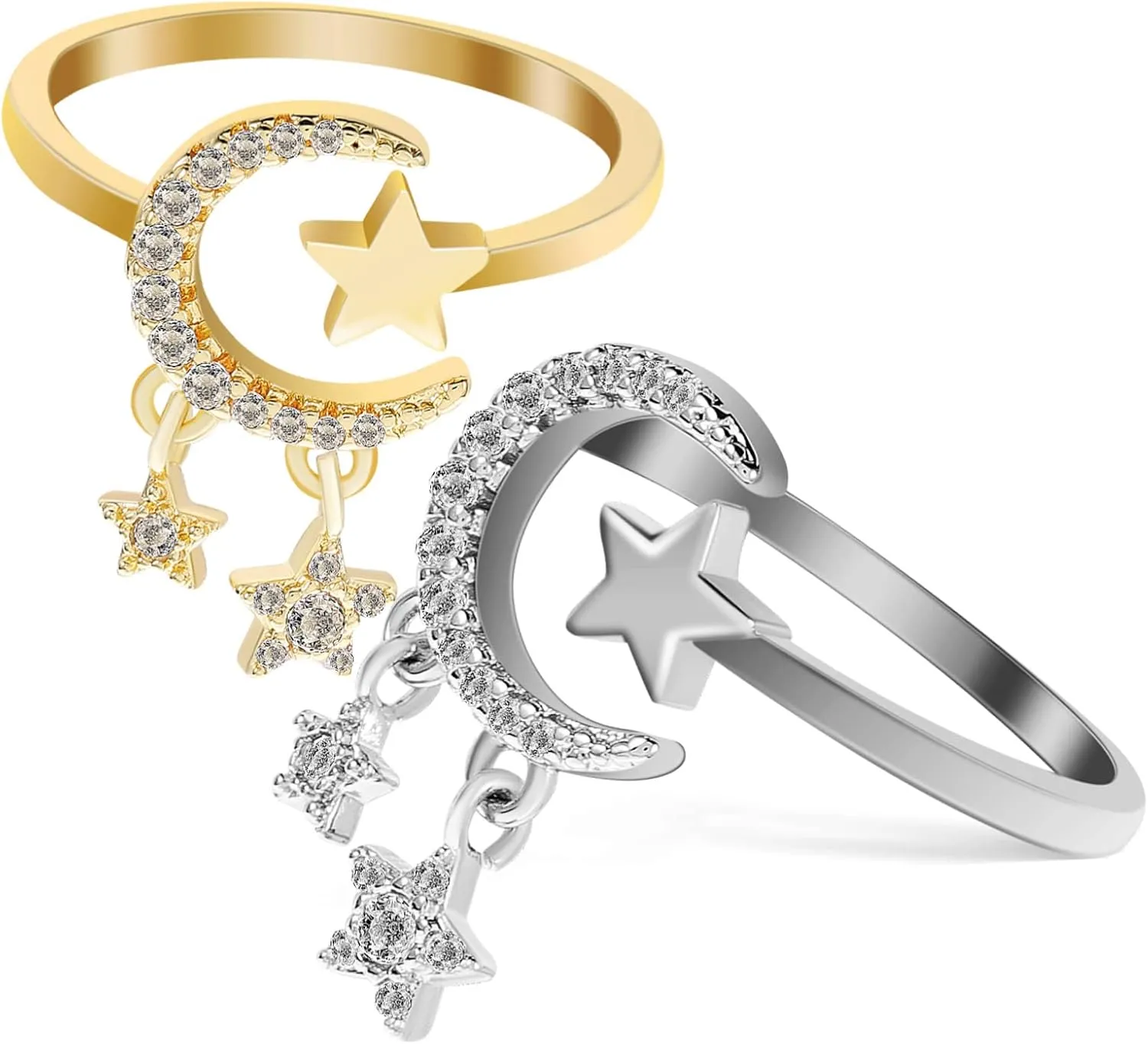 BESTYASH 2pcs Open Wrap Rings Star Moon Design Delicate Finger Rings for Women Lightweight and Scratch Resistant Fashion Accessory for Any Occasion