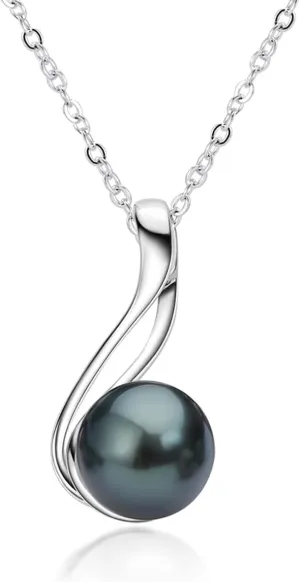 Black Pearl Necklace for Women Genuine Tahitian Cultured 9.5-10mm Round Pearls with 925 Sterling Silver Chain