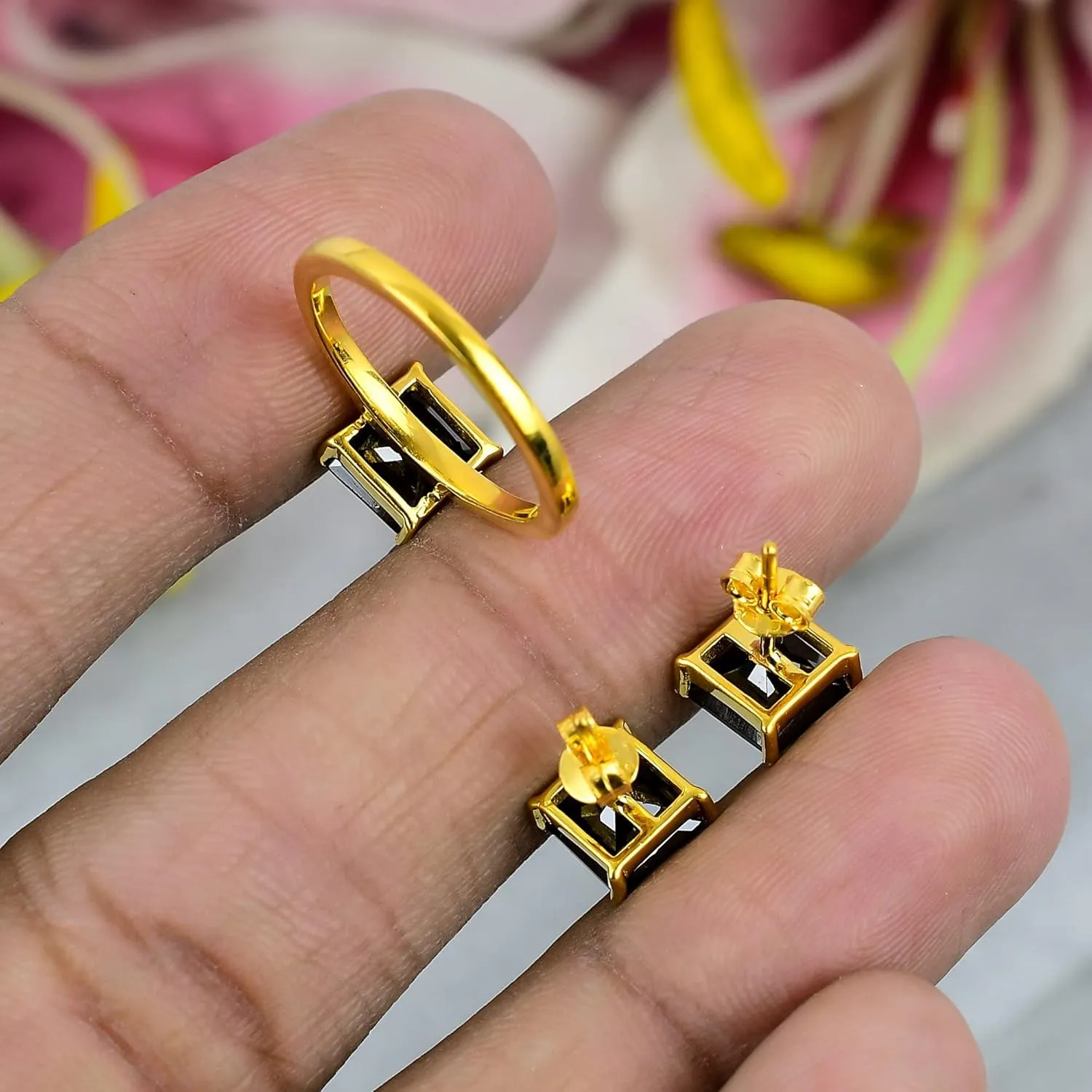 Black Spinel Gemstone Jewelry Set/Solitaire Stacking Rings For woman / 925 Silver Earrings Stud For girls/Designer's Band (Silver, 8)