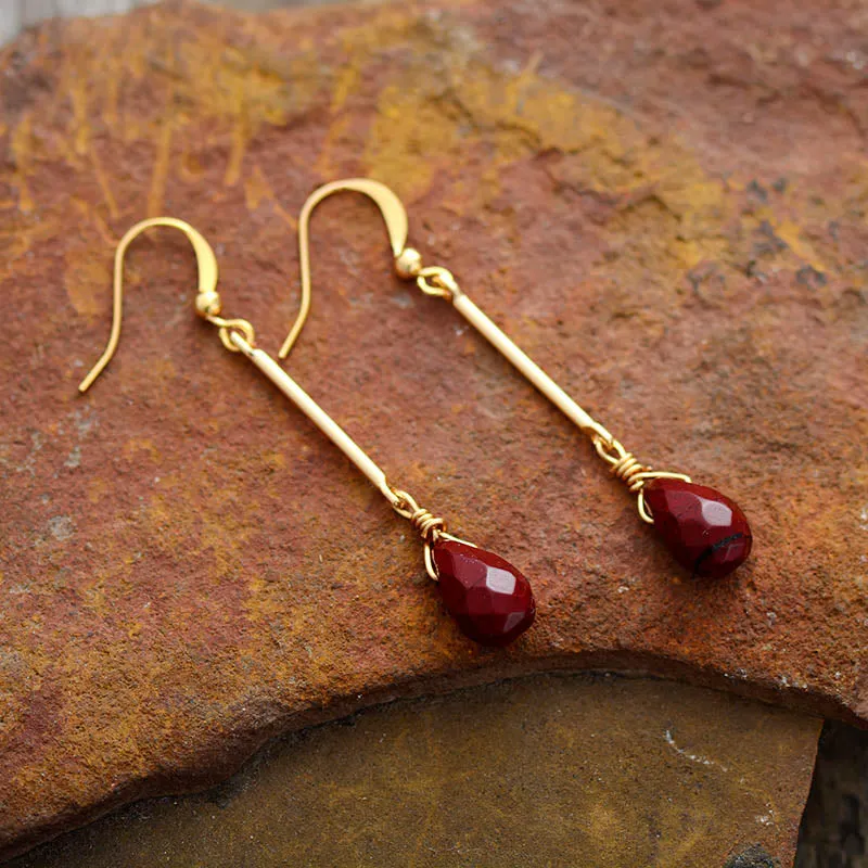 Boho Earrings, Dangle Earrings, Gold Red Jaspers