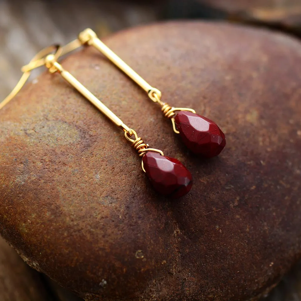 Boho Earrings, Dangle Earrings, Gold Red Jaspers