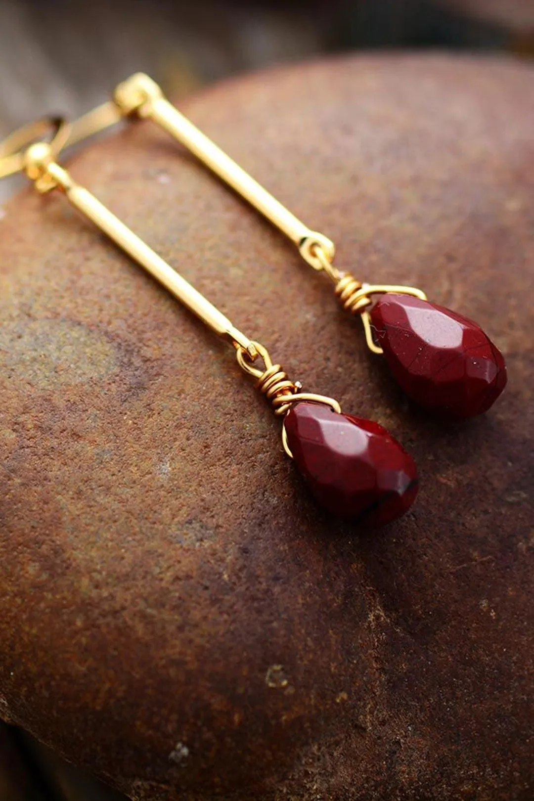 Boho Earrings, Dangle Earrings, Gold Red Jaspers