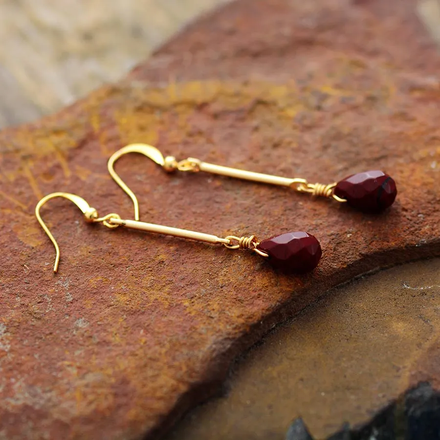 Boho Earrings, Dangle Earrings, Gold Red Jaspers