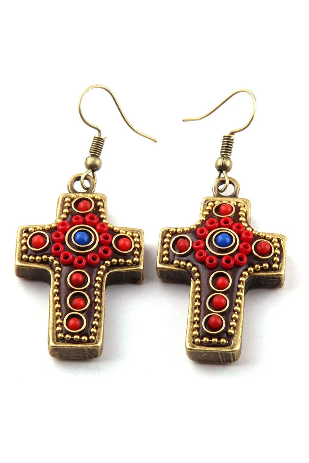 Boho Earrings, RH Dangle Earrings, Red & Blue Metal Cross