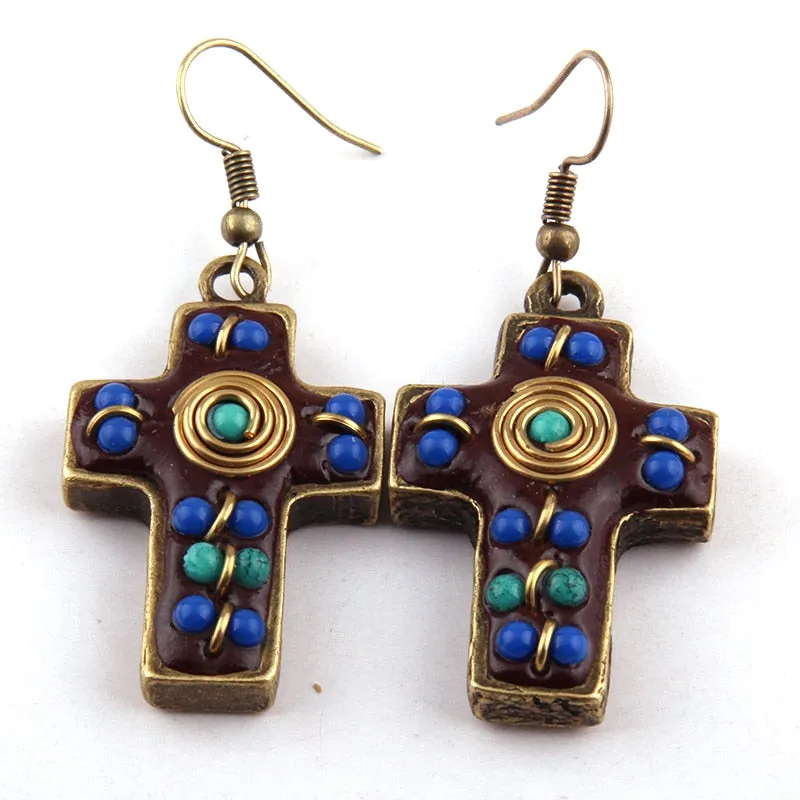 Boho Earrings, RH Dangle Earrings, Red & Blue Metal Cross