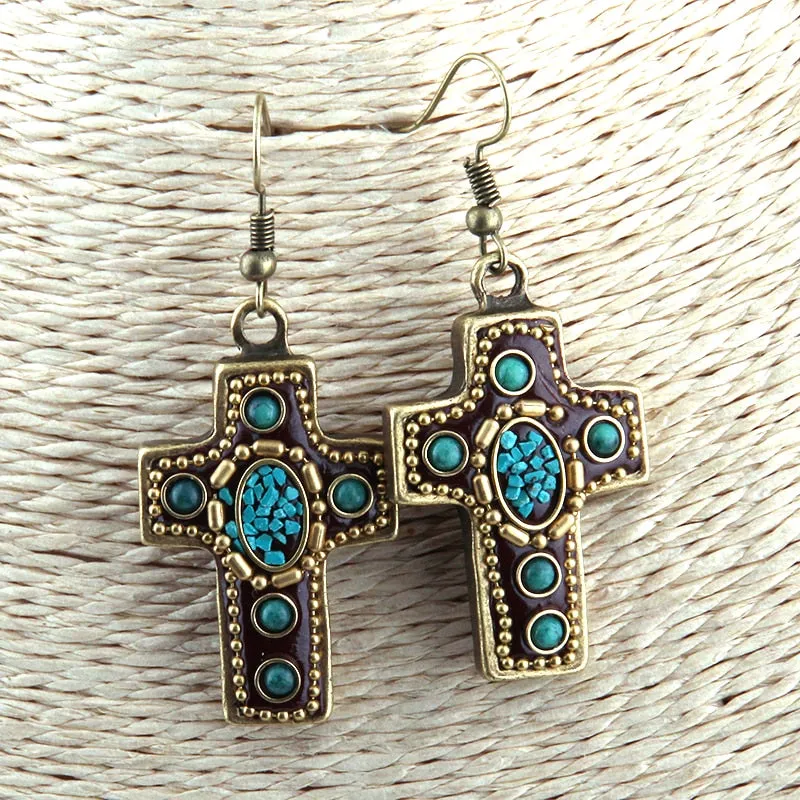 Boho Earrings, RH Dangle Earrings, Red & Blue Metal Cross