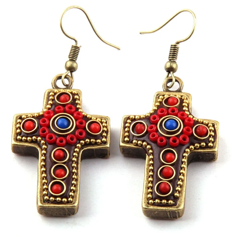 Boho Earrings, RH Dangle Earrings, Red & Blue Metal Cross