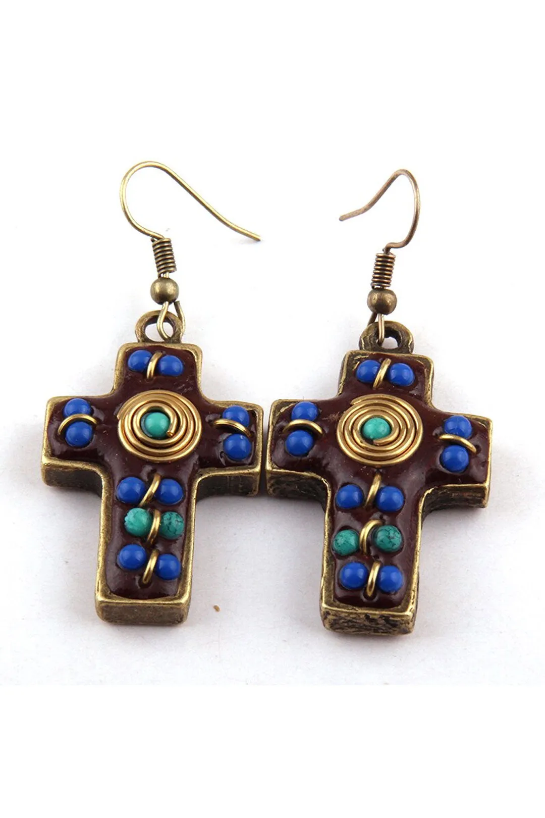 Boho Earrings, RH Dangle Earrings, Red & Blue Metal Cross