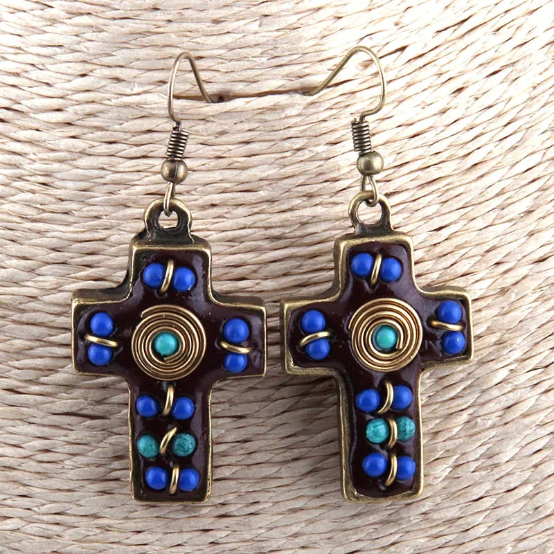Boho Earrings, RH Dangle Earrings, Red & Blue Metal Cross