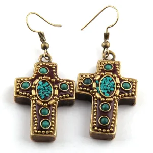 Boho Earrings, RH Dangle Earrings, Red & Blue Metal Cross